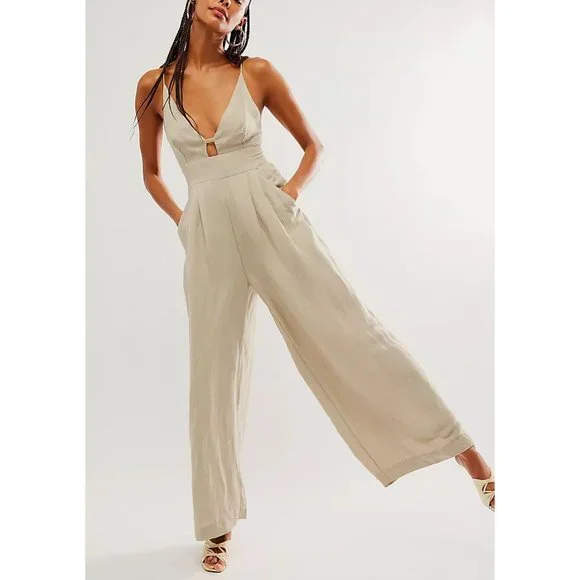 Free People Emma Linen Jumpsuit Alfalfa Size Large - Picture 1 of 16